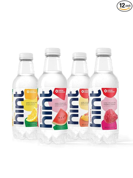 Hint Water Red Variety Pack (Pack of 12), 16 Ounce Bottles, 3 Bottles Each of: Peach, Raspberry, Watermelon, and Lemon, Zero Calories, Zero Sugar and Zero Sweeteners