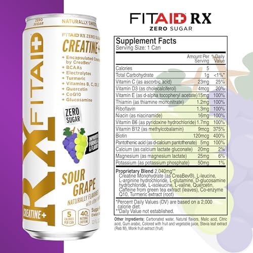 FITAID RX Zero Sugar, Encapsulated Creatine, Post-Workout Recovery Zero Sugar Drink, All-In-One Blend, BCAAs, Glucosamine, Turmeric, B-Complex, Electrolytes, Variety Pack, 12 Fl Oz (Pack of 12)