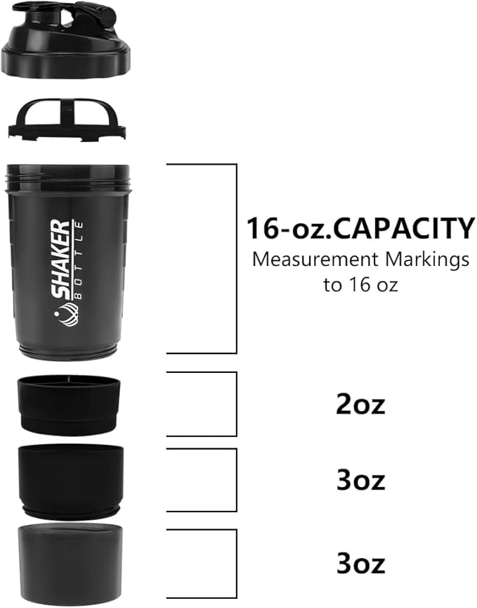 Shaker Bottle, Leak Proof Shaker Bottle for Protein Mixes,16oz 3 Layer Twist Off Cup with Pill & Supplement Storage, Gym Sports Cup for Protein Powder, Black