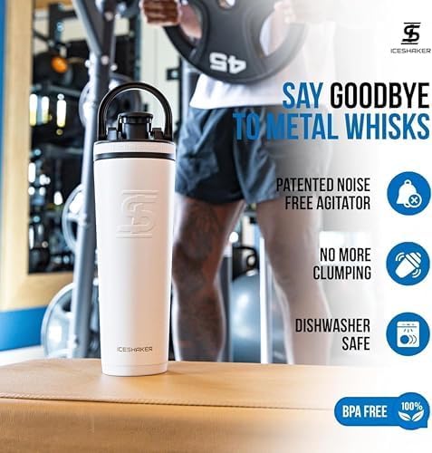 Ice Shaker Insulated Stainless Steel Shaker Bottle | 32oz, White | Cold for 30+ Hours | Insulated Cup with Twist-on Agitator | Odor-Free Bottle for Protein Shakes, Water, Smoothies, Cocktails
