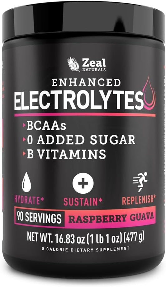 Zeal Naturals Electrolyte Powder Recovery Drink (90 Servings | Raspberry Guava) w 0 Sugar +BCAAs +B-Vitamins Electrolyte Supplement w Potassium Zinc & Magnesium for Hydration - Keto Electrolytes