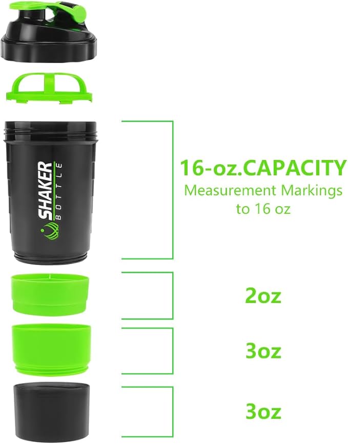 Shaker Bottle, Leak Proof Shaker Bottle for Protein Mixes,16oz 3 Layer Twist Off Cup with Pill & Supplement Storage, Gym Sports Cup for Protein Powder, Green
