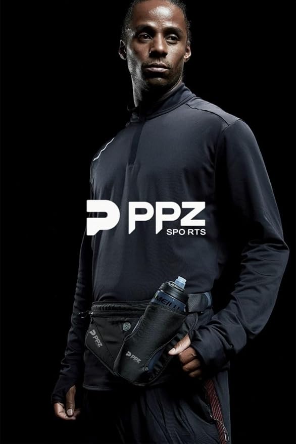 PPZ sports waist bag with bottle rack, waterproof, 2 pockets, adjustable belt - suitable for running, fitness, jogging and outdoor activities (black)