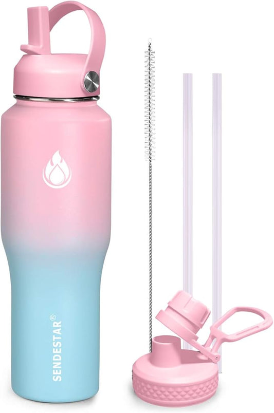 SENDESTAR 32oz Water Bottle Wide Mouth Stainless Steel Vacuum Insulated Double Wall with Straw Lids Fit in Any Car Cup Holder
