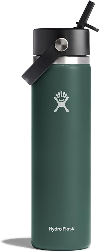 Hydro Flask Water Bottle - Insulated Stainless Steel - Wide Mouth Flex Straw Lid, Non Spill, Leakproof and Refillable in 24 Oz Fir