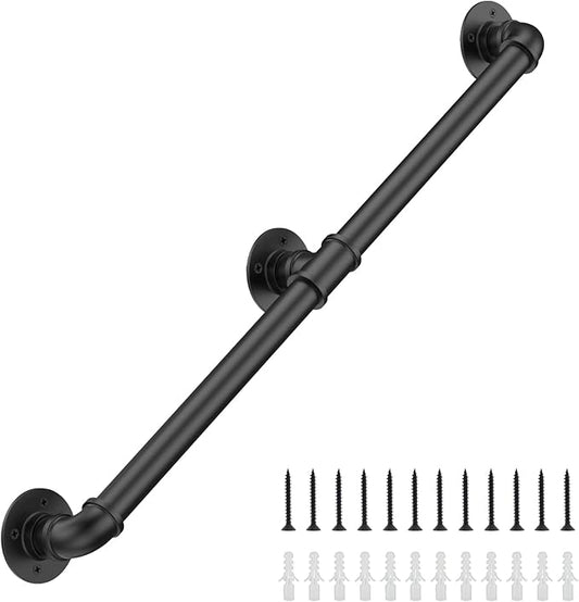 5FT Industrial Stair Railing Wall Mount Staircase Handrail φ1.3" Pipe Hand Rail for Steps Grab Bar Foot Rail Vintage Pipe Railing Black Deck Handrail for Outdoor Indoor Stairs Porch