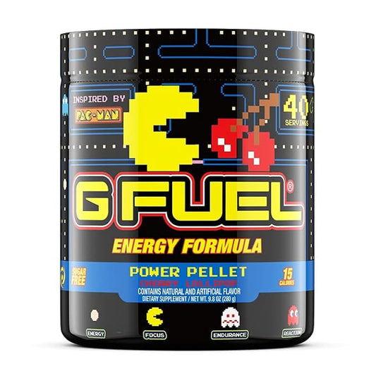 G Fuel Pac-Man Energy Drink Powder, Pre Workout Caffeine Mix for Gaming, Sugar Free Focus Amino, Vitamin + Antioxidants, 9.8oz (Cherry Lollipop, 40 Servings)