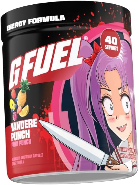 G Fuel Yandere Punch Energy Drink Powder, Pre Workout Caffeine Mix for Gaming, Sugar Free Focus Amino, Vitamin + Antioxidants, 9.8oz (Fruit Punch, 40 Servings)