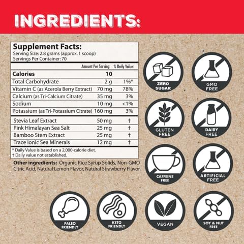 Superieur Electrolytes–Plant Based Electrolyte Supplement w/Sea Minerals for Hydration & Recovery–Keto Friendly, Non-GMO, Zero Sugar, Vegan Healthy Sports Drink Powder–Strawberry Lemon(70 Serv)