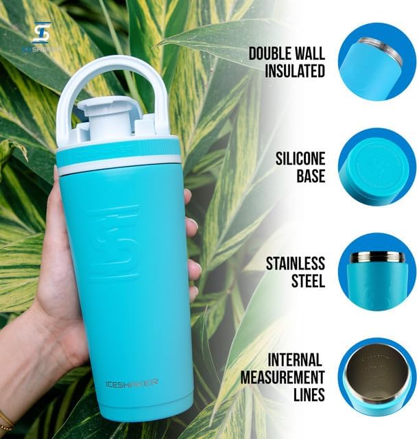 Ice Shaker Insulated Stainless Steel Shaker Bottle | 26oz, Caribbean | Cold for 30+ Hours | Insulated Cup with Twist-on Agitator | Odor-Free Bottle for Protein Shakes, Water, Smoothies, Cocktails