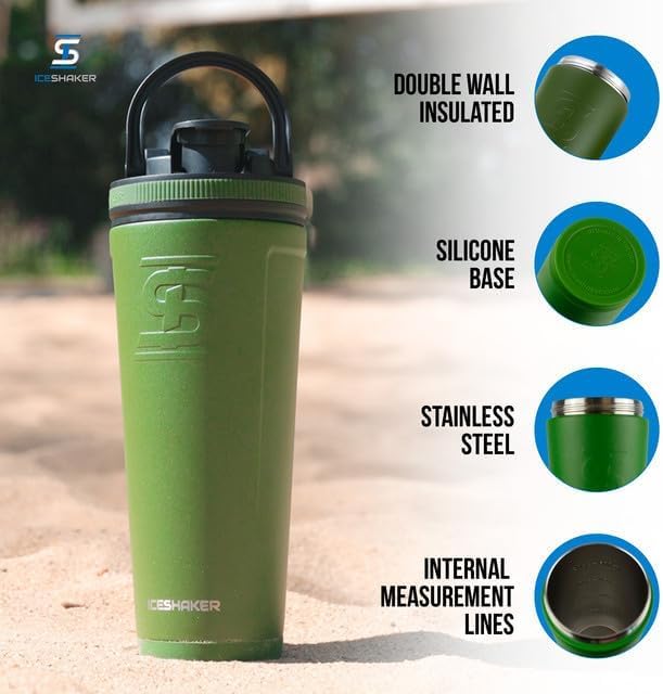 Ice Shaker Insulated Stainless Steel Shaker Bottle | 26oz, Green | Cold for 30+ Hours | Insulated Cup with Twist-on Agitator | Odor-Free Bottle for Protein Shakes, Water, Smoothies, Cocktails
