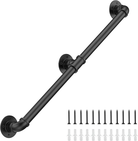 7FT Industrial Stair Railing Wall Mount Staircase Handrail φ1.3" Pipe Hand Rail for Steps Grab Bar Foot Rail Vintage Pipe Railing Black Deck Handrail for Outdoor Indoor Stairs Porch