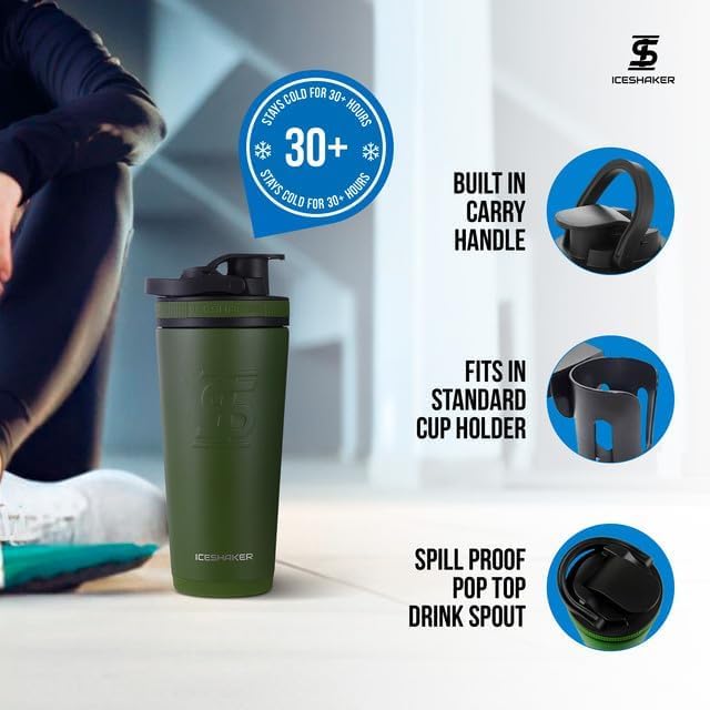 Ice Shaker Insulated Stainless Steel Shaker Bottle | 26oz, Green | Cold for 30+ Hours | Insulated Cup with Twist-on Agitator | Odor-Free Bottle for Protein Shakes, Water, Smoothies, Cocktails