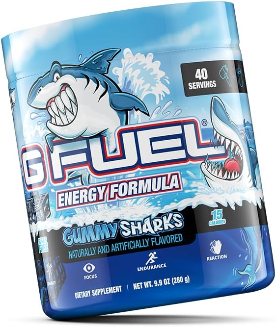 G Fuel Gummy Sharks Energy Drink Powder, Pre Workout Caffeine Mix for Gaming, Sugar Free Focus Amino, Vitamin + Antioxidants, 9.8oz (Gummy Sharks, 40 Servings)