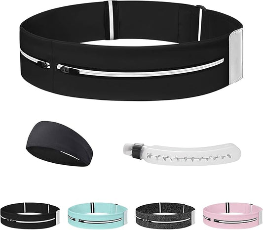 Running Belt with Water Bottle & Headband, No-Bounce Hydration Belt Adjustable Reflective Waterproof Fanny Pack for Women & Men, Fits All Phones (M-Black)