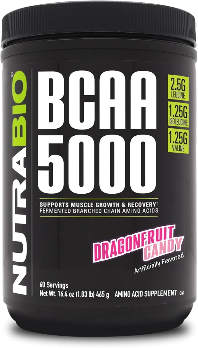 NutraBio BCAA 5000 Powder - Vegan Fermented BCAAs - Supports Lean Muscle Growth, Recovery, Endurance - 60 Servings - Dragonfruit Candy