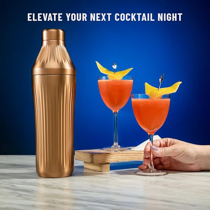 Elevated Craft Diamond Edition Hybrid Cocktail Shaker Set - Premium Vacuum Insulated Brushed Copper, 28 oz, Includes Built-In Strainer, Precise Measuring Top & XL Polishing Cloth - Martini Shaker