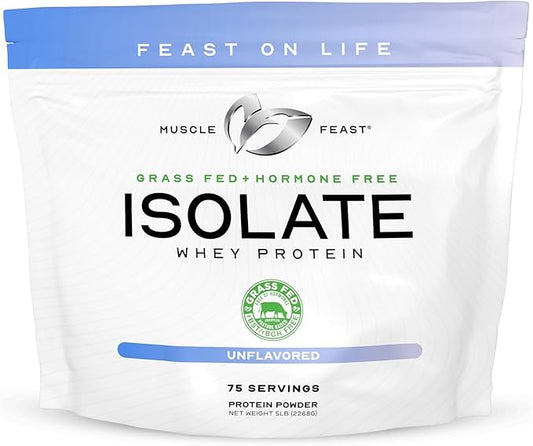 Muscle Feast Grass-Fed Whey Protein Isolate, All Natural Hormone Free Pasture Raised, Whey Isolate Protein Powder for Men and Women, Clean, Non-GMO & Gluten-Free, Isolate Protein - Unflavored, 5lb