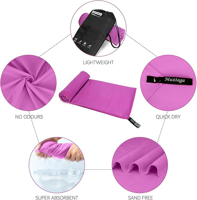 Microfiber Beach Towel-Perfect for Travel, Sports, Camping, Swimming, Yoga, Gym- Quick Dry, Sand Free, Compact, Lightweight, Absorbent (Purple,Small(101x50cm, 40x20”))