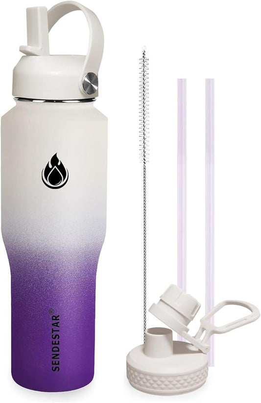 SENDESTAR 32oz Water Bottle Wide Mouth Stainless Steel Vacuum Insulated Double Wall with Straw Lids Fit in Any Car Cup Holder
