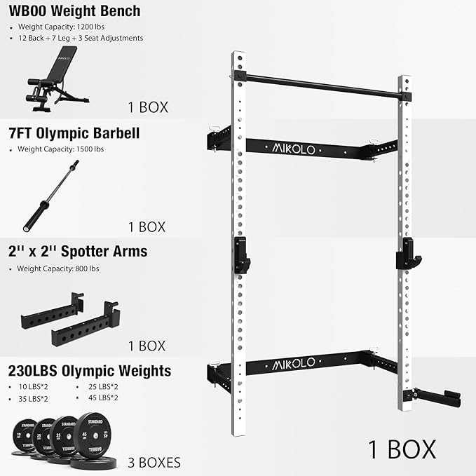 Mikolo 2" x 2" Folding Wall Mounted Squat Rack, 1000 Pounds Capacity Power Rack with Pull Up Bar, J Hooks and Other Attachments, Space-Saving Home Gym