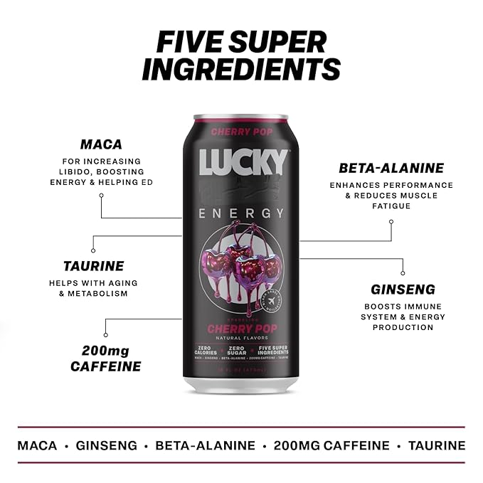 Lucky Energy Sugar Free Energy Drinks, Cherry Pop, 16oz Cans (12-Pack) Healthy, Zero Sugar Energy Drink with Maca, Ginseng, Beta-Alanine, Taurine & 200mg Caffeine