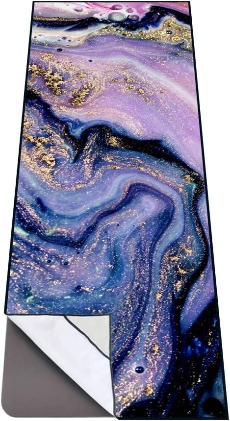 QiyI Yoga Mat Towel with Corner Pockets, Non Slip Sweat Absorbent Hot Yoga Towels, Soft Yoga Blankets with Travel Bag, Skidless Mat Cover for Workout, Gym, Fitness - 70"x26", Purple Gold Marble