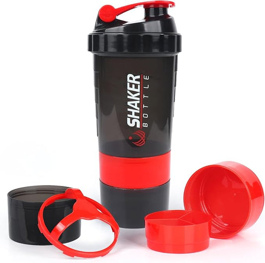 Shaker Bottle, Leak Proof Shaker Bottle for Protein Mixes,16oz 3 Layer Twist Off Cup with Pill & Supplement Storage, Gym Sports Cup for Protein Powder, Red