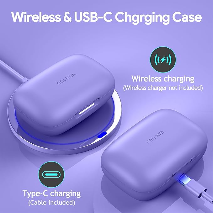 GOLREX Active Noise Cancelling Ear Buds Wireless Earbuds Bluetooth Headphones with 80H Playtime LED Display Charging Case, Over Ear Earphones with Hooks for Sports Running Gym Workout Purple