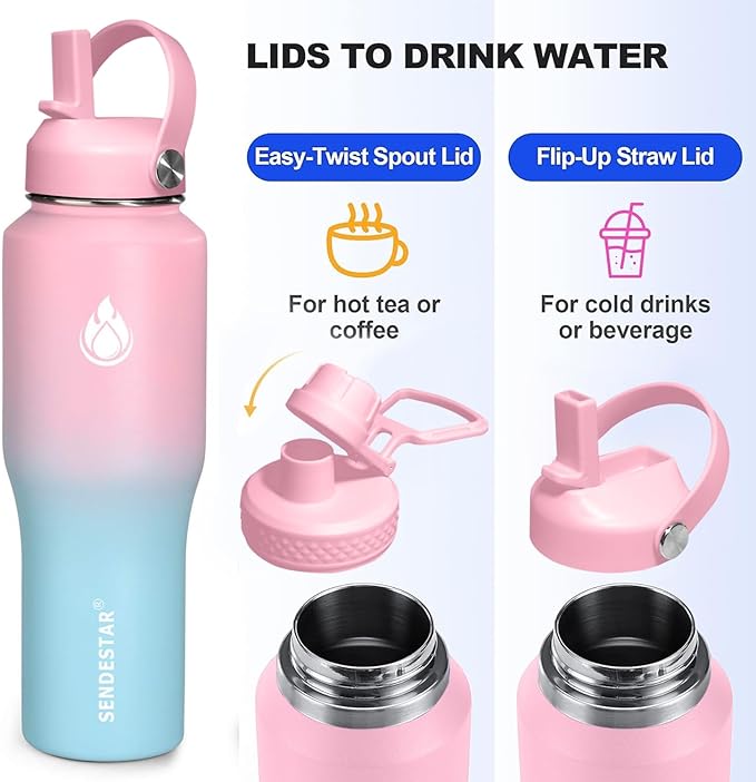 SENDESTAR 32oz Water Bottle Wide Mouth Stainless Steel Vacuum Insulated Double Wall with Straw Lids Fit in Any Car Cup Holder