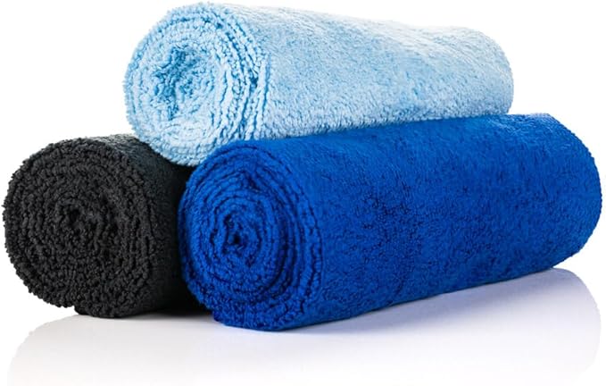 The Rag Company - Sport & Workout Towel - Gym, Exercise, Fitness, Spa, Ultra Soft, Super Absorbent, Fast Drying Premium Microfiber, 320gsm, 16in x 27in (3-Pack) (Royal Blue + Light Blue + Black)