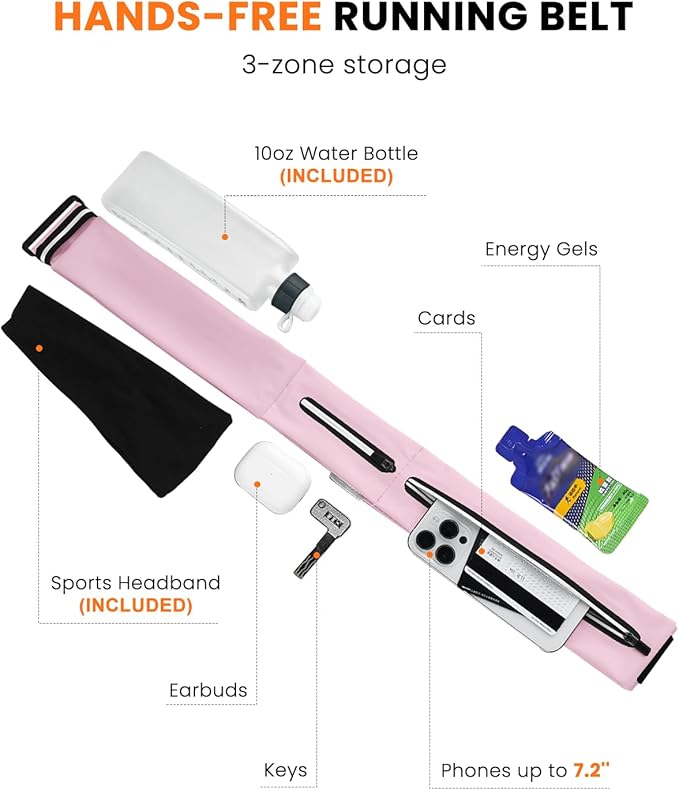 Running Belt with Water Bottle & Headband, No-Bounce Hydration Belt Adjustable Reflective Waterproof Fanny Pack for Women & Men, Fits All Phones (M-Pink)