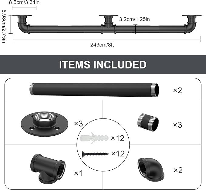 8FT Industrial Stair Railing Wall Mount Staircase Handrail φ1.3 Pipe Hand Rail for Steps Grab Bar Foot Rail Vintage Pipe Railing Black Deck Handrail for Outdoor Indoor Stairs Porch