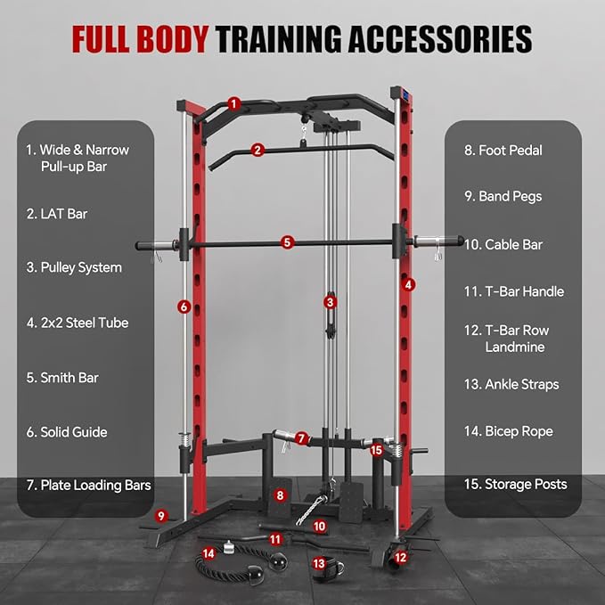 FAGUS Smith Machine Home Gym Power Cage with Pulley System, Space Saving Design Squat Rack with Full Body Strength Training Attachments, PEC Station & Fixed Cable Crossover Optional