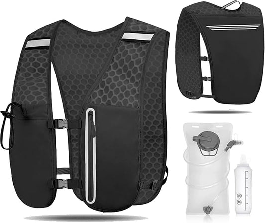 Unisex Running Vest Running Backpack - Adjustable Size Lightweight Trail Hydration Vest with 2L Bladder & 500ml Soft Flask, Mesh, Large Phone Pocket for Night Walking, Marathon(Reflective Strips)