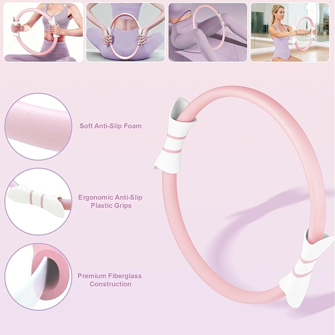 Luscinia Pilates Equipment Kit for Women Home Pilates Essentials Set with 14" Pilates Ring Circle 7" Pilates Ball Pilates Resistance Bands Figure 8 Band and Accessories Pink Pilates Kit for Beginners