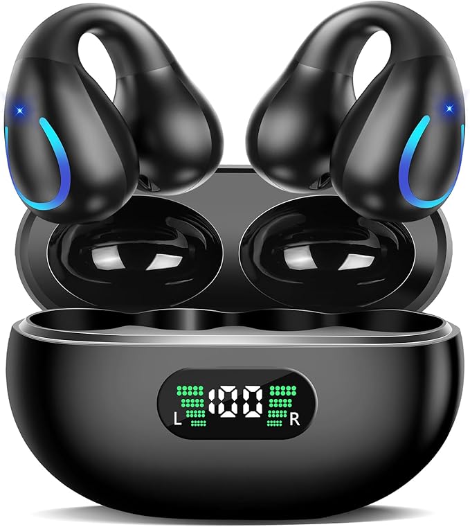 Open Ear Bone Conduction Headphones Wireless Bluetooth 5.3 Open Clip On Earbuds Built-in Mic with Ear Hooks 60 Hours Playtime Sport Earphones IPX7 Waterproof for Fitness Running Walking Black