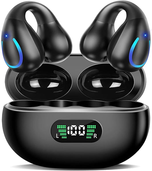 Open Ear Bone Conduction Headphones Wireless Bluetooth 5.3 Open Clip On Earbuds Built-in Mic with Ear Hooks 60 Hours Playtime Sport Earphones IPX7 Waterproof for Fitness Running Walking Black