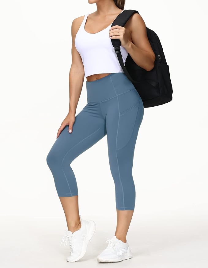 THE GYM PEOPLE Thick High Waist Capris Yoga Pants with Pockets, Tummy Control Workout Running Yoga Leggings for Women