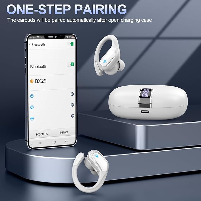 Wireless Earbud Bluetooth 5.4 Headphones 75Hrs Playtime, 2025 Bluetooth Earbuds Deep Bass Noise Cancelling Mic, Over Ear Bud with Sport Earhooks, IP7 Waterproof Earphones Button Control, USB-C White