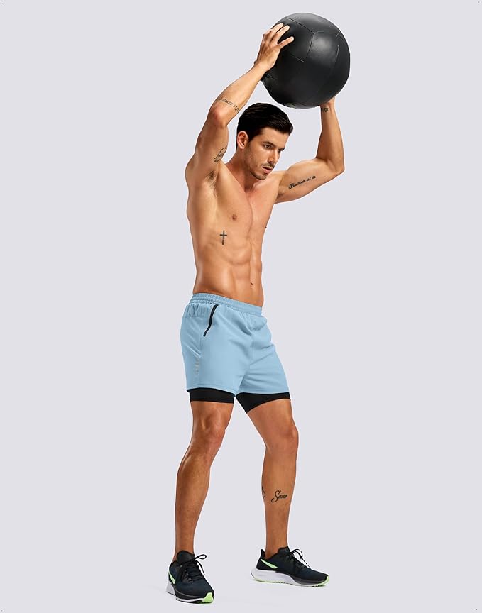 Pudolla Men's 7" Running Shorts with Zipper Pockets Quick Dry 2 in 1 Workout Gym Shorts with Liner for Tennis Yoga Training