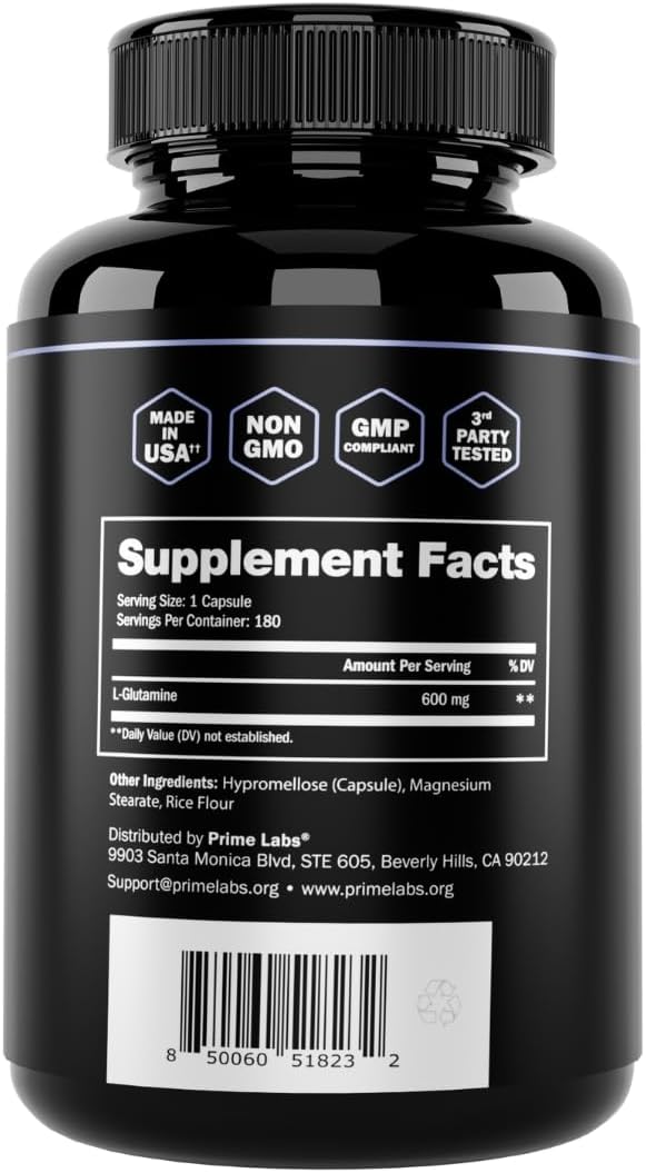 Prime Labs L Glutamine Capsules 600mg - Supports Strength, Muscle Recovery, Immunity, & Gut Health - Amino Acid Supplement - for Men & Women