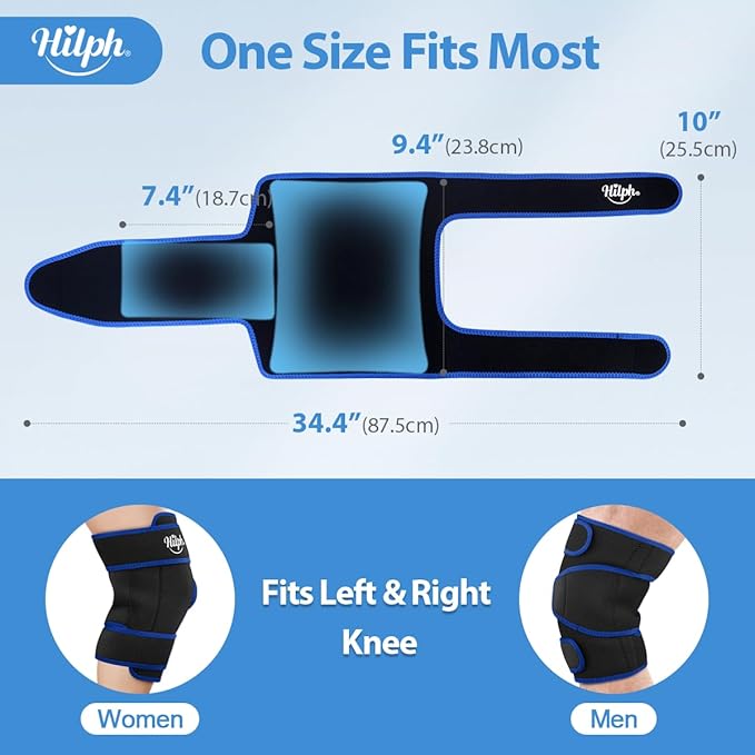 Hilph Large Hot & Cold Therapy Knee Ice Wrap with Dual Gel Packs & Adjustable Brace for Full Knee Coverage, Pain Relief for Replacement Surgery, Arthritis, ACL, Meniscus Tear, Women, Men Black