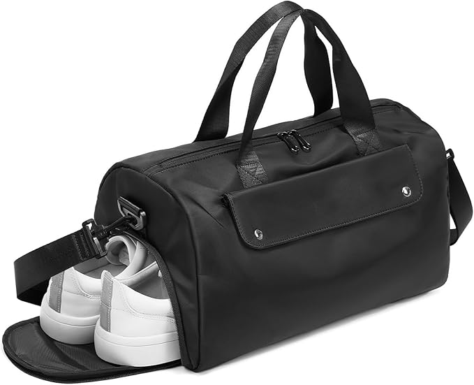 REEYEE Small Gym Bag, Black Waterproof Duffle Bag for Men Women, Cordura Workout Bag with Trolley Sleeve, Duffle Bag for Travel, Sports, Fitness, Training, Yoga, Hospital