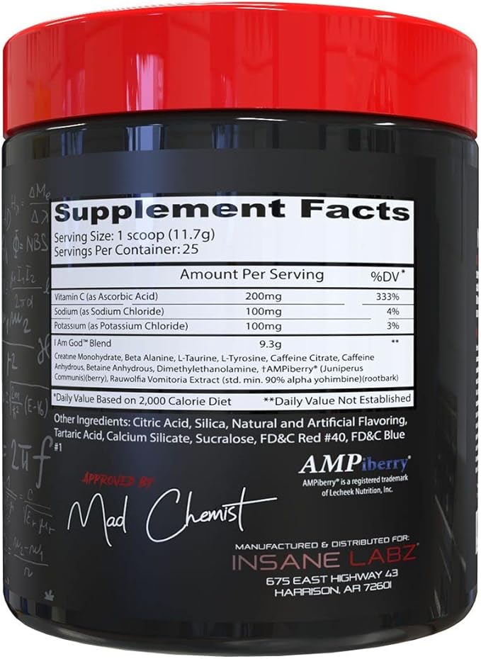 Insane Labz I am God Pre Workout, High Stim Pre Workout Powder Loaded with Creatine and DMAE Bitartrate Fueled by AMPiberry, Energy Focus Endurance Muscle Growth,25 Srvgs,Drink Ye All of It