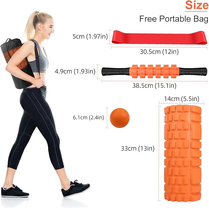 5 in 1 Foam Roller Set: Trigger Point Roller, Yoga Stick, Massage Ball, Fitness Stretching Strap, Carrying Bag, Towel for Deep Muscle Massage, Pilates and Yoga