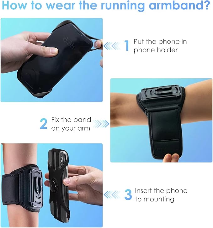 Cikyner Running Armband, 360° Rotatable & Detachable Phone Holder for Sports with Earphone/Cash Pocket, Fits 4.5-7" Smartphones for Gym, Jogging, Hiking