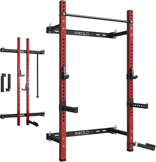 Mikolo 2" x 2" Folding Wall Mounted Squat Rack, 1000 Pounds Capacity Power Rack with Pull Up Bar, J Hooks and Other Attachments, Space-Saving Home Gym