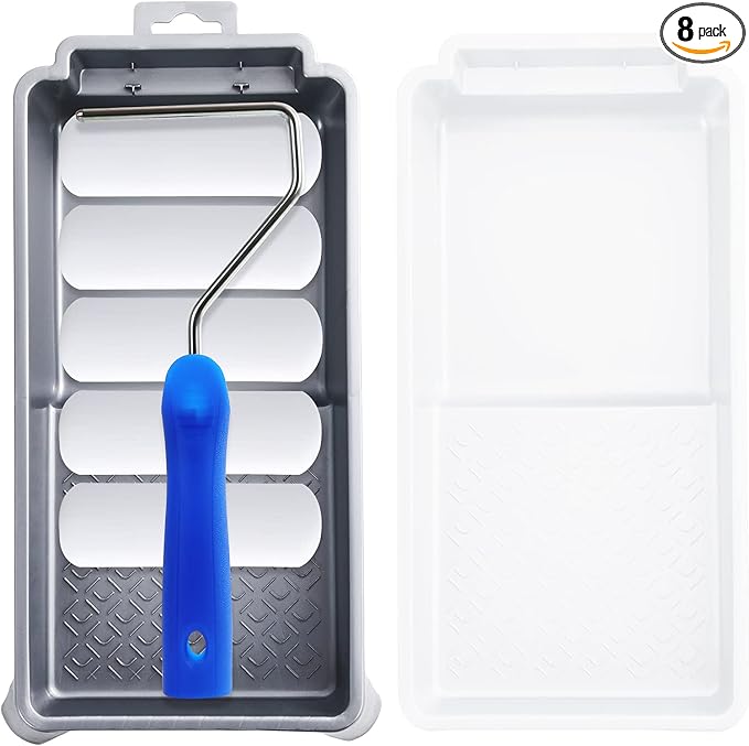Mister Rui Foam Paint Roller, 8 Pack 4 Inch Paint Roller Kit, Complete 4" Mini Paint Roller Kit with Small Foam Paint Roller Covers, Frame, Tray and Liner for Professional Painting Results