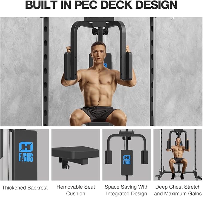 FAGUS Smith Machine Home Gym Power Cage with Pulley System, Space Saving Design Squat Rack with Full Body Strength Training Attachments, PEC Station & Fixed Cable Crossover Optional